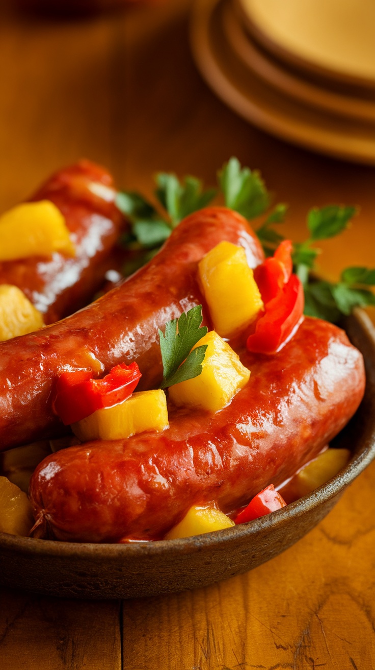 Sweet and sour kielbasa with pineapple and bell pepper in a bowl on a wooden table.